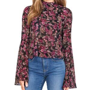 American Rag | Exaggerated Bell Sleeve Chiffon Blouse in Navy Floral | Medium